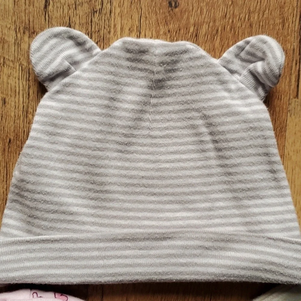 3 Pack Girl Infant Hats Pink Hearts, Grey Stripe with ears,‎ Yellow Green Stripe